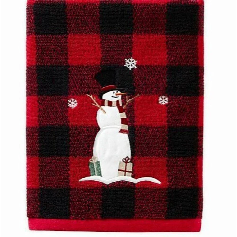 Christmas Snowman Bath Towels Embroidered Cabin Country Buffalo Check Set of 2